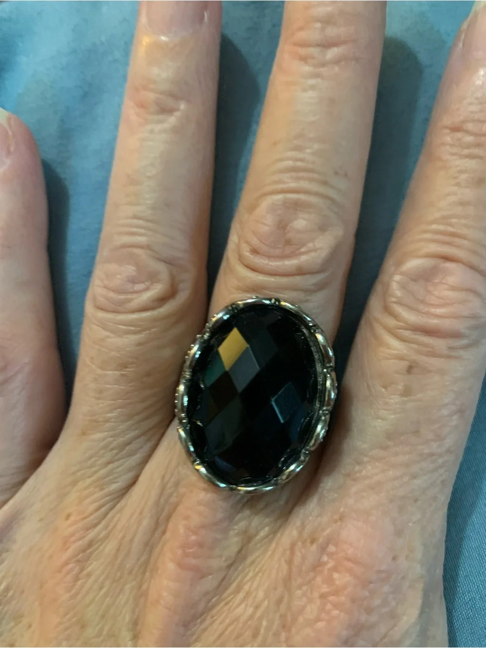 Vintage Victorian-Style Silver-Plated Ring with Large Black Faceted Lucite Stone